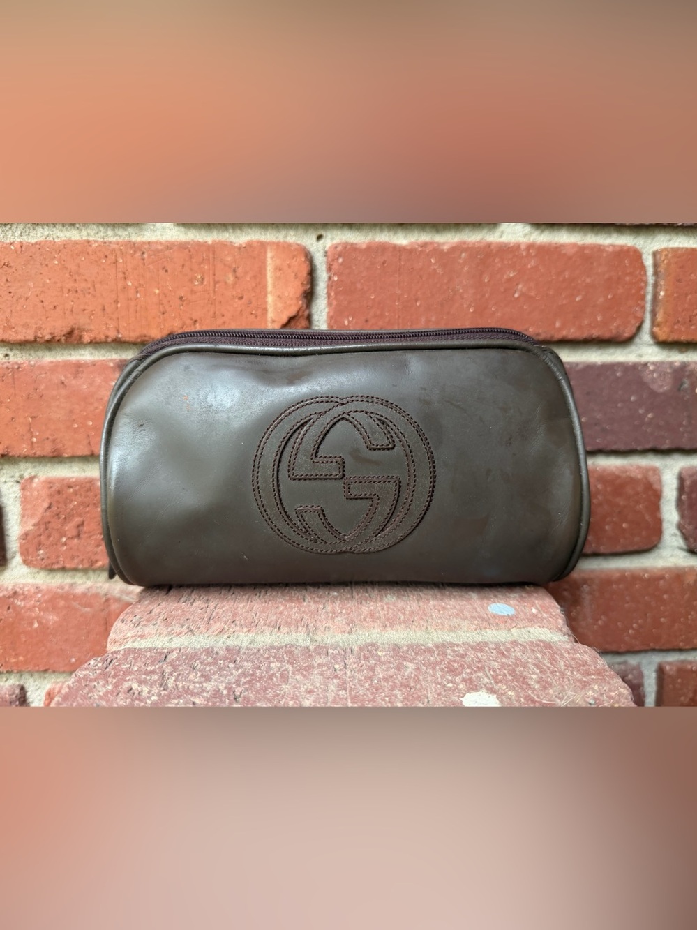 Gucci Brown/Taupe Leather Toiletry Bag with Stitched Interlocking G